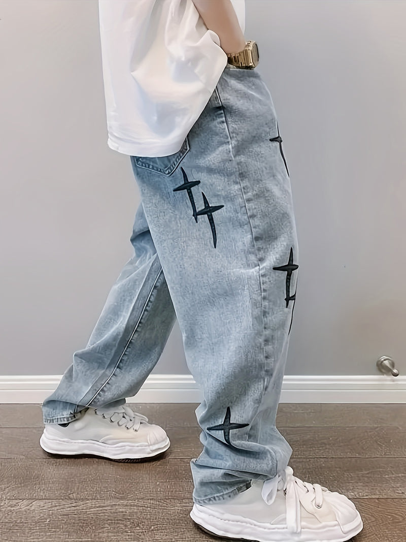 Cross-Pattern Relaxed Denim Pants