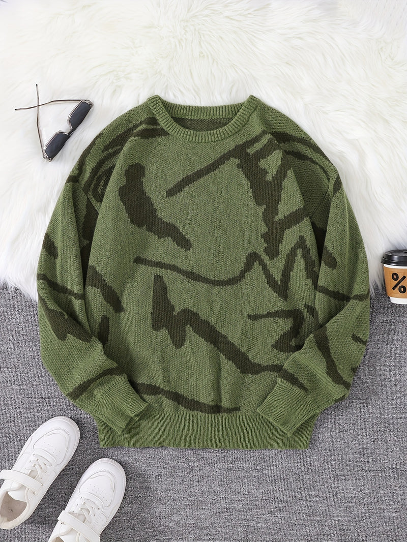 Pull en tricot à manches longues et col ras du cou pour homme, motif graphique de style graffiti, design chic, hauts décontractés et tendance pour le printemps et l'automne, à porter au quotidien