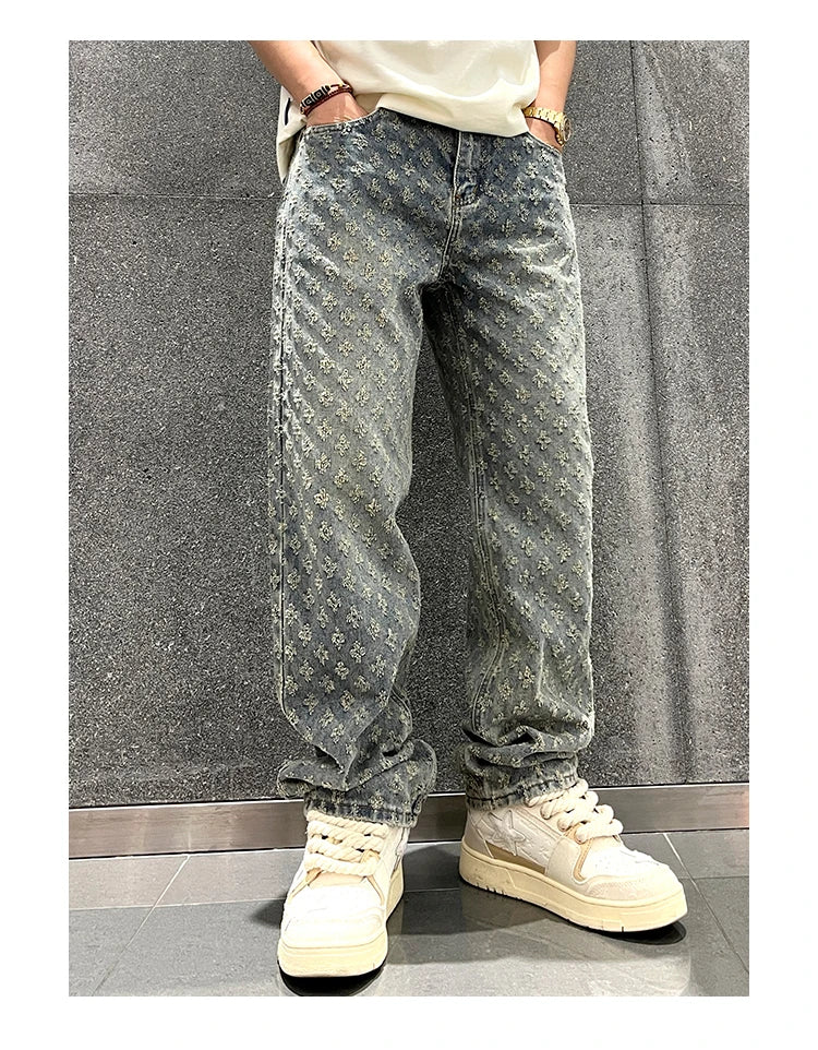 Pantalon en denim à motif jacquard pour homme, coupe droite, ample, jean large et vieilli