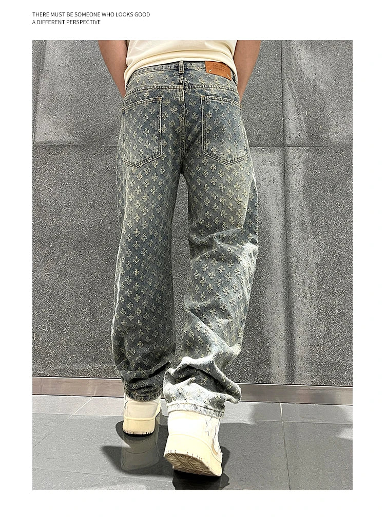 Pantalon en denim à motif jacquard pour homme, coupe droite, ample, jean large et vieilli