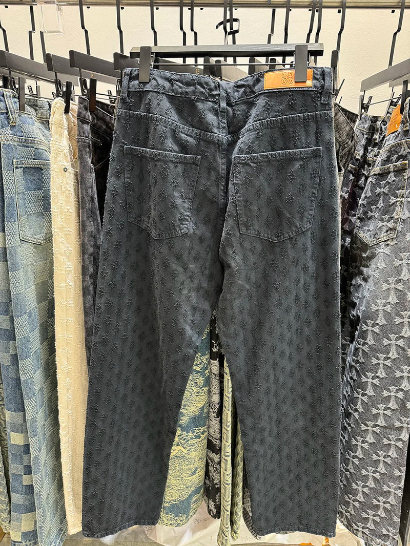 Pantalon en denim à motif jacquard pour homme, coupe droite, ample, jean large et vieilli