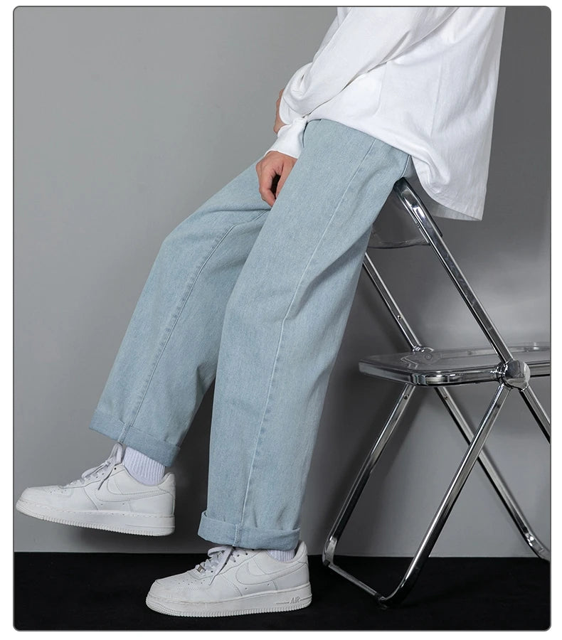 2023 Nouveau jean long décontracté pour hommes coréens Classique Homme Droit Denim Pantalon large Couleur unie Bleu clair Gris Noir 3XL