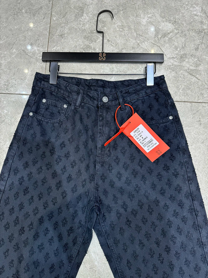 Pantalon en denim à motif jacquard pour homme, coupe droite, ample, jean large et vieilli