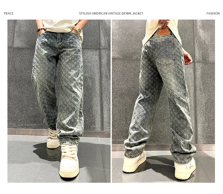 Pantalon en denim à motif jacquard pour homme, coupe droite, ample, jean large et vieilli