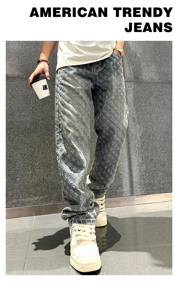 Pantalon en denim à motif jacquard pour homme, coupe droite, ample, jean large et vieilli