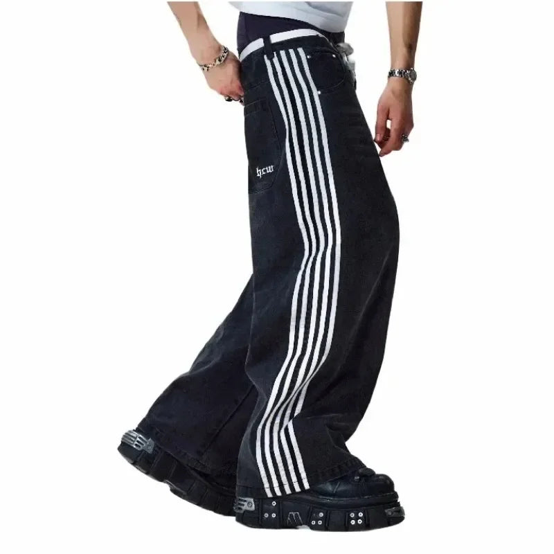 Jean baggy Y2k à rayures noires, nouveau jean à jambe large brodé hip-hop pour hommes et femmes, mode rétro rock streetwear