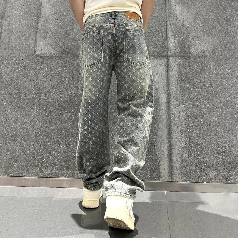 Pantalon en denim à motif jacquard pour homme, coupe droite, ample, jean large et vieilli