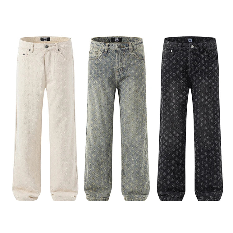 Pantalon en denim à motif jacquard pour homme, coupe droite, ample, jean large et vieilli