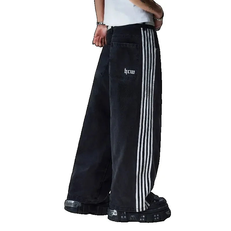 Jean baggy Y2k à rayures noires, nouveau jean à jambe large brodé hip-hop pour hommes et femmes, mode rétro rock streetwear