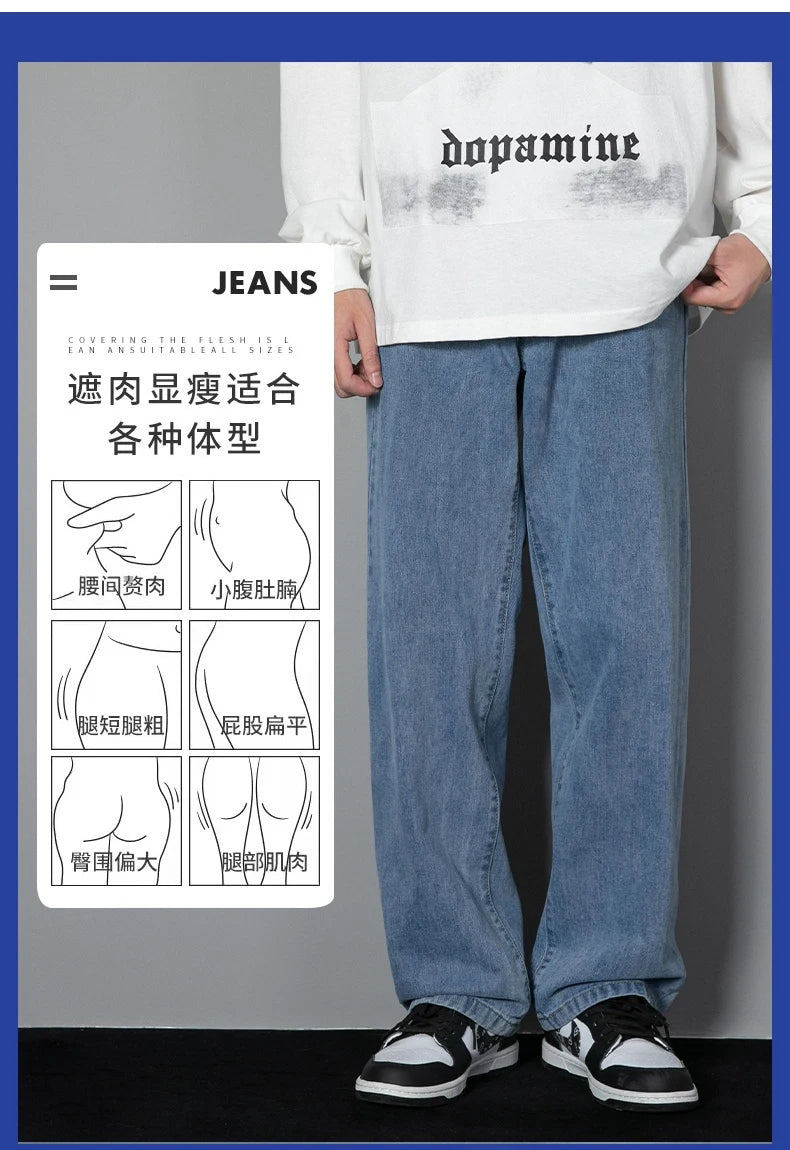 2023 Nouveau jean long décontracté pour hommes coréens Classique Homme Droit Denim Pantalon large Couleur unie Bleu clair Gris Noir 3XL