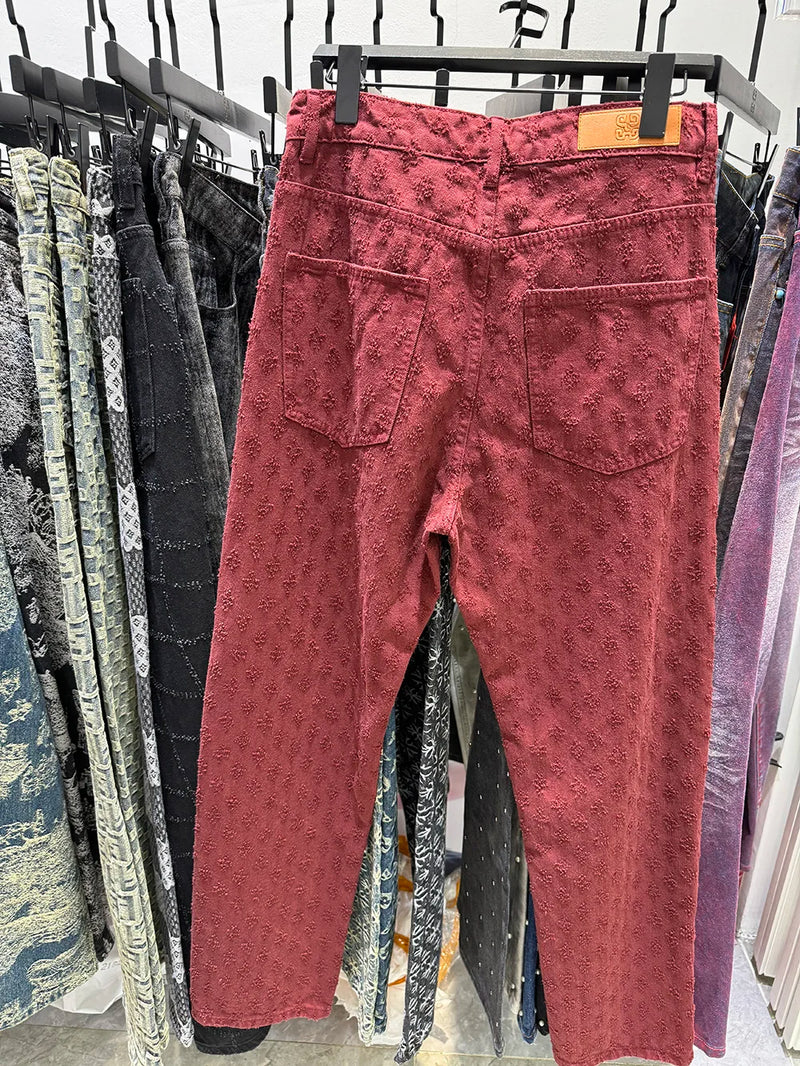 Pantalon en denim à motif jacquard pour homme, coupe droite, ample, jean large et vieilli