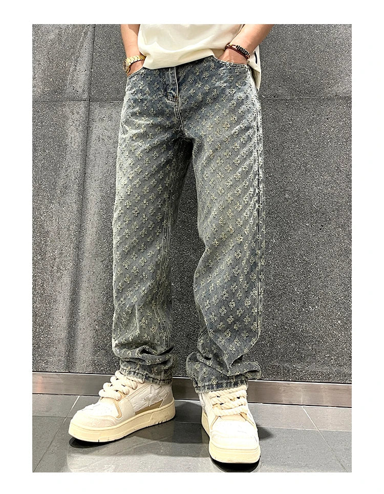 Pantalon en denim à motif jacquard pour homme, coupe droite, ample, jean large et vieilli