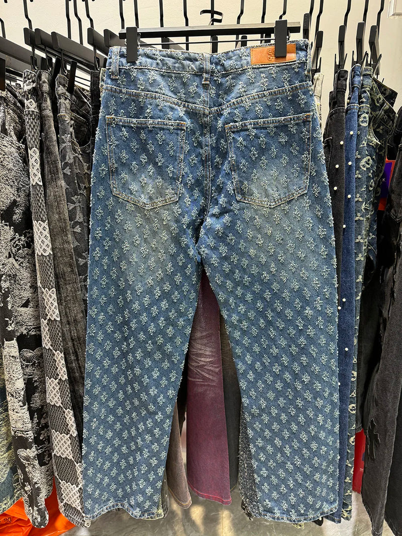 Pantalon en denim à motif jacquard pour homme, coupe droite, ample, jean large et vieilli