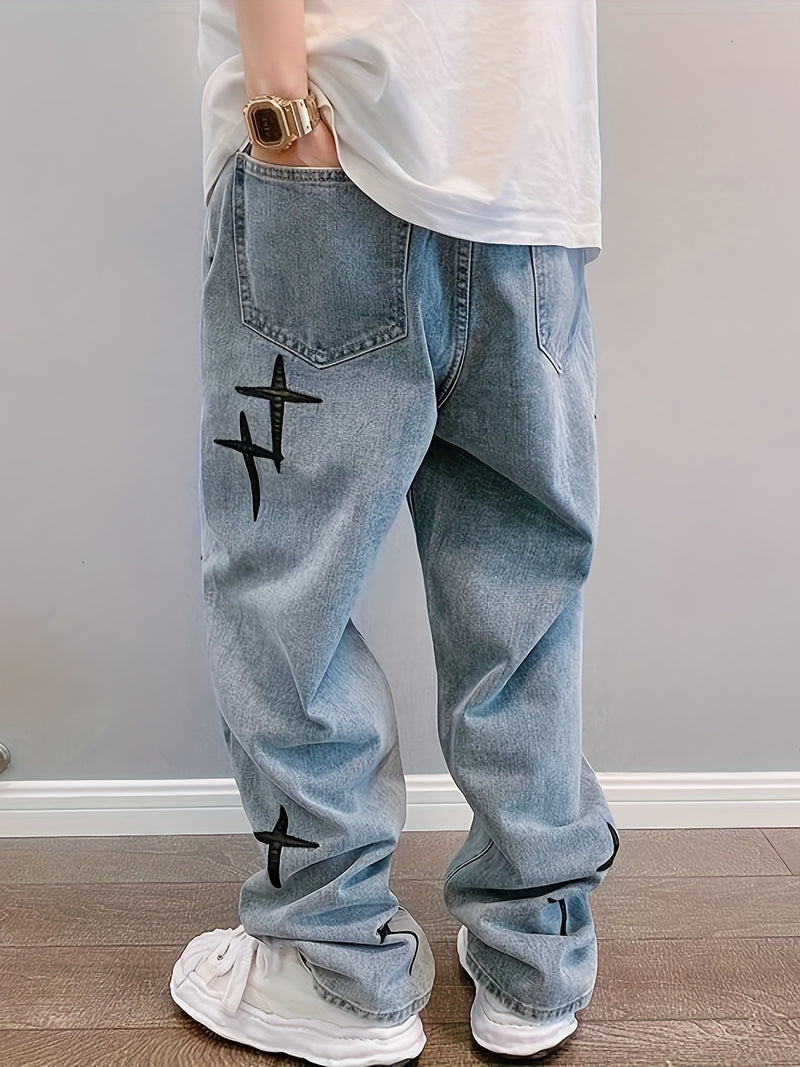 Cross-Pattern Relaxed Denim Pants