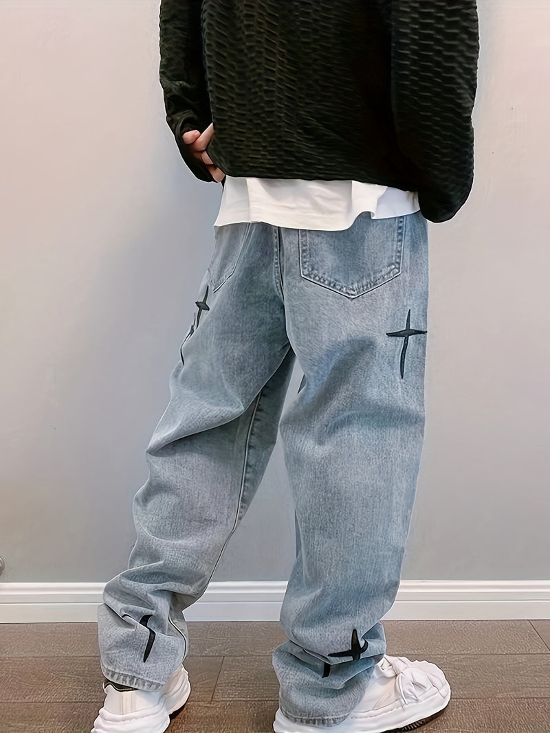 Cross-Pattern Relaxed Denim Pants